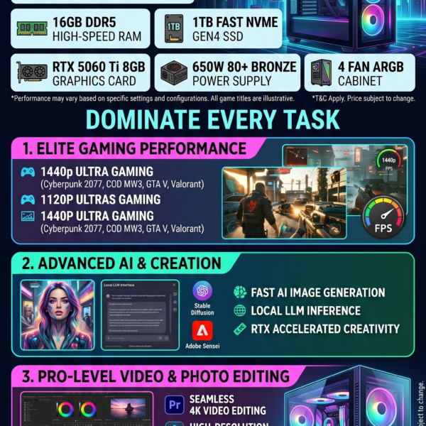 AR Centurion PC BuildBudget Ryzen 5 7500F, B650M WIFI, 16GB DDR5 RAM, 1TB NVME GEN4, Nvidia RTX 5060TI 8GB, 650W 80+ Bronze, 4 Fan Cabinet