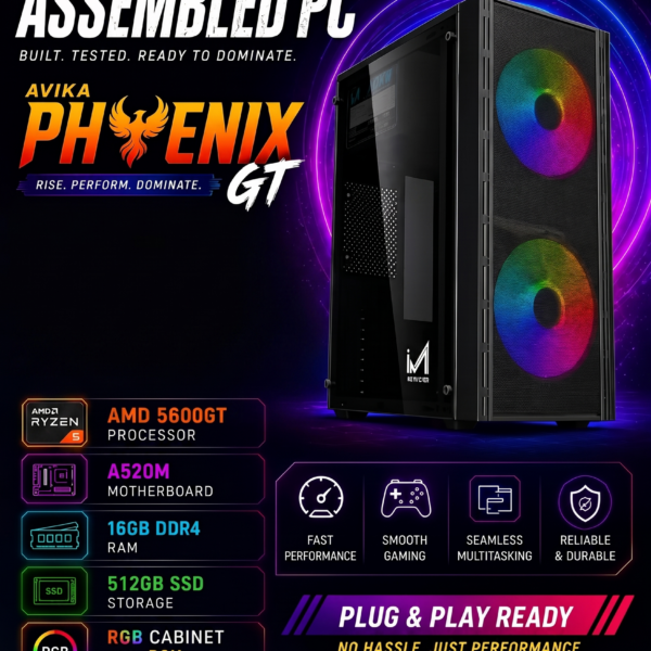 AR Phoenix GT 5600GT Pre Build PC | AMD 5600GT Processor | A520M Motherboard | 16GB DDR4 RAM, 512GB SSD Storage, RGB Gaming Cabinet with PSU