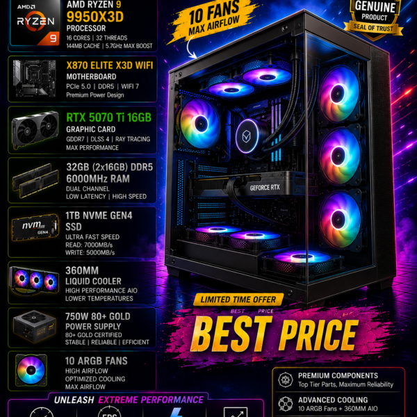 AR DarkMatter Pre Build Gaming PC | Ryzen 9 9950X3D | RTX 5070TI 16GB Graphics | X870 Elite X3D WIFI | 32GB DDR5 6000MHz | 1TB Gen4 NVMe SSD | 360MM AIO Liquid Cooler | 7 ARGB Infinity Fans Cabinet