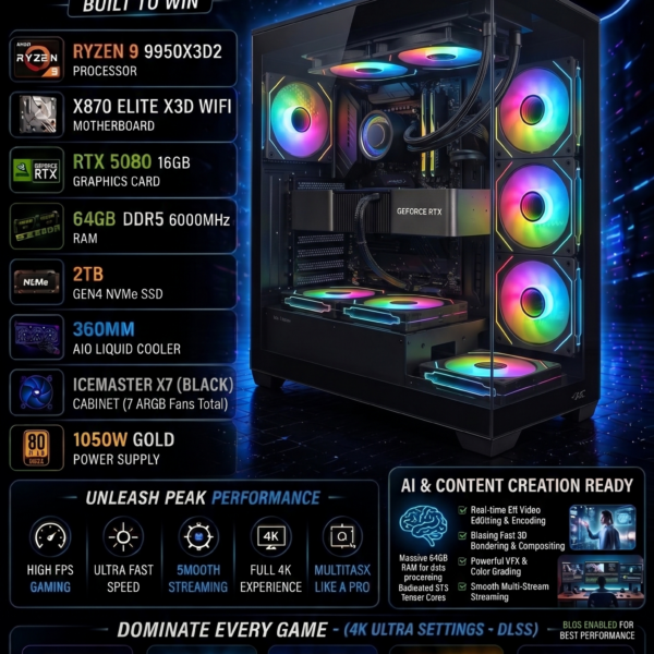 AR Dominator X Pre Build PC | Ryzen 9 9950X3D2 | RTX 5080 16GB | X870 Elite X3D WIFI | 64GB DDR5 6000MHz | 2TB Gen4 NVMe | 360MM AIO Liquid Cooler | 1050W Gold PSU