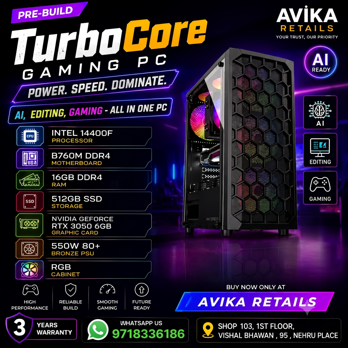 AR Turbocore Pre-Build Gaming PC | Intel i5 14400F Processor | RTX 3050 6GB Graphics | 16GB DDR4 RAM | 512GB SSD | RGB Cabinet