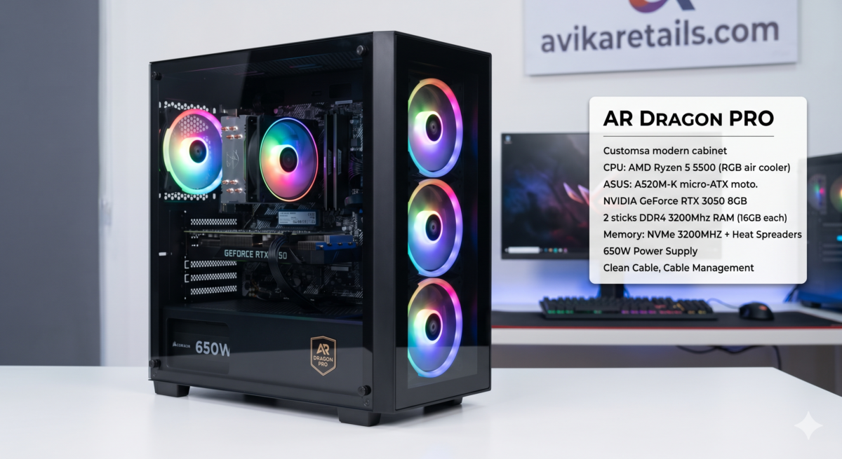 AR Dragon PRO Pre build Gaming PC | AMD Ryzen 5 5500 Processor | A520M-K Motherboard | RTX 3050 8GB Graphics Card | 32GB 16GB x 2 DDR4 RAM 3200Mhz | 512GB NVME SSD | 650W Power Supply | 4 fan RGB Cabinet