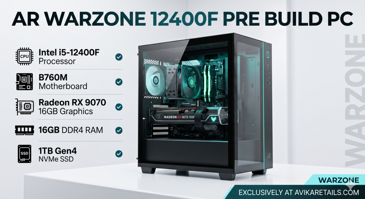 AR Warzone 12400f Pre Build PC | Intel i5-12400f Processor | B760M Motherboard / Radeon RX 9070 16GB Graphics | 16GB DDR4 RAM | 1TB Gen4 NVMe SSD | 750W Gold PSU | RGB Gaming Cabinet with 4 Fans