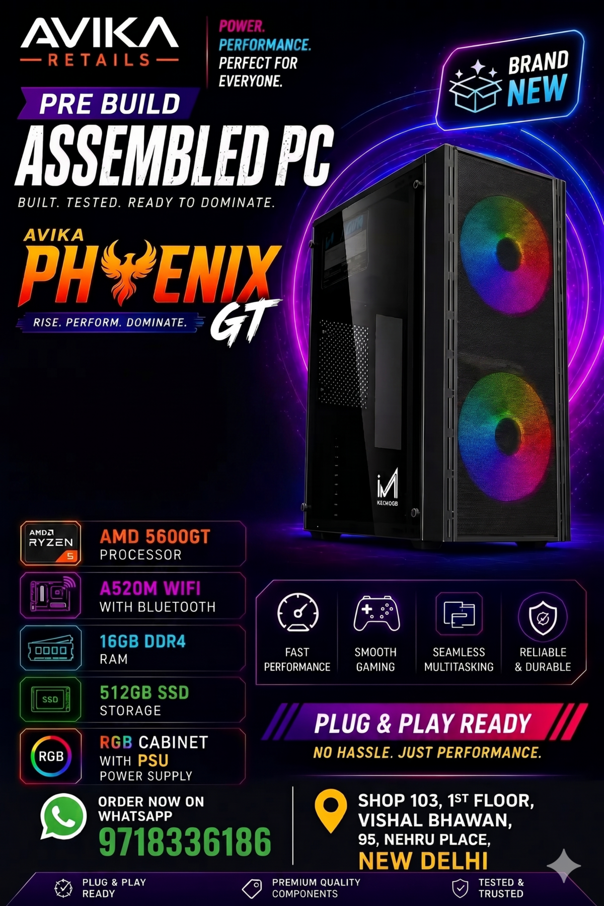 AR Phoenix GT 5600GT Pre Build PC | AMD 5600GT Processor | A520M Wifi Motherboard | 16GB DDR4 RAM, 512GB SSD Storage, RGB Gaming Cabinet with PSU