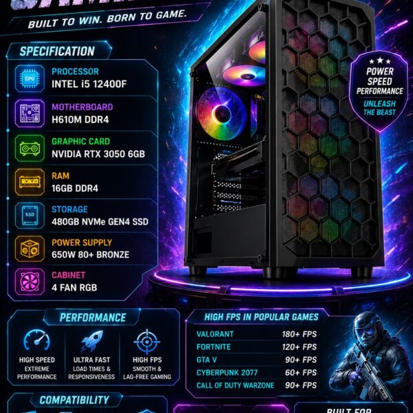AR Zentrix Pre Build Gaming PC | Intel Core i5 12400F Processor | H610M DDR4 Processor | Nvidia RTX 3050 6GB Graphics Card | 16GB DDR4 RAM | 480GB NVMe Gen 4 SSD | 650W 80+ Bronze SMPS | 4 Fan RGB