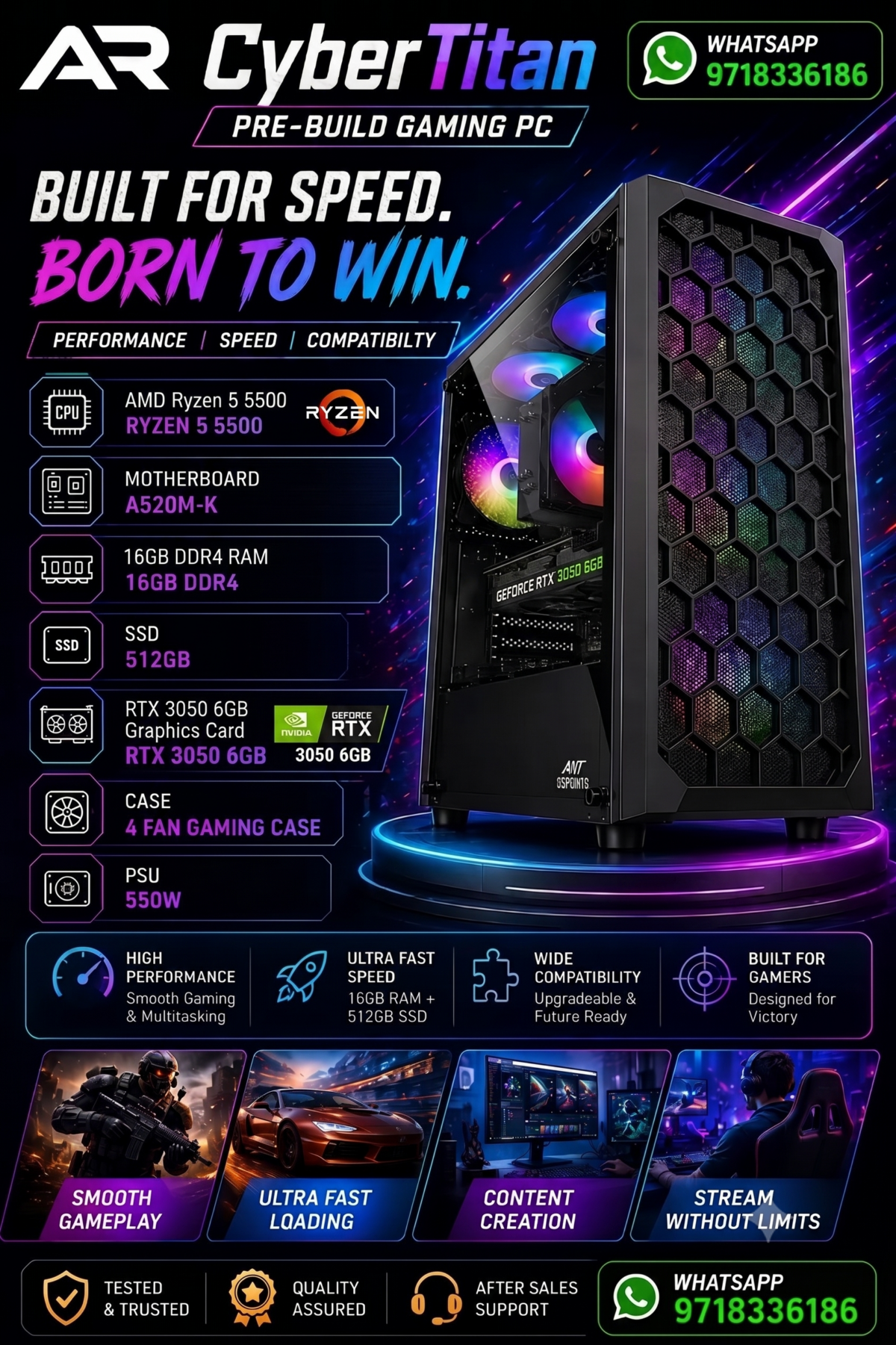 AR Cyber Titan Pre Build Gaming PC | AMD Ryzen 5 5500 Processor | A520M-K Motherboard | 16GB DDR4 RAM | 512GB SSD | RTX 3050 6GB Graphics Card| 550W PSU | 4 Fan Gaming Case